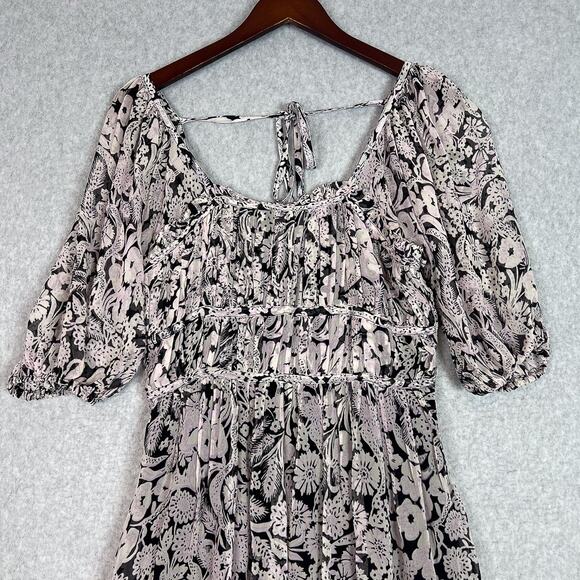 Anthropologie Floral Square Neck Smocked Short Sleeve Midi Dress Size Small - Picture 3 of 12